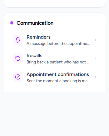 The Communication group in Settings
