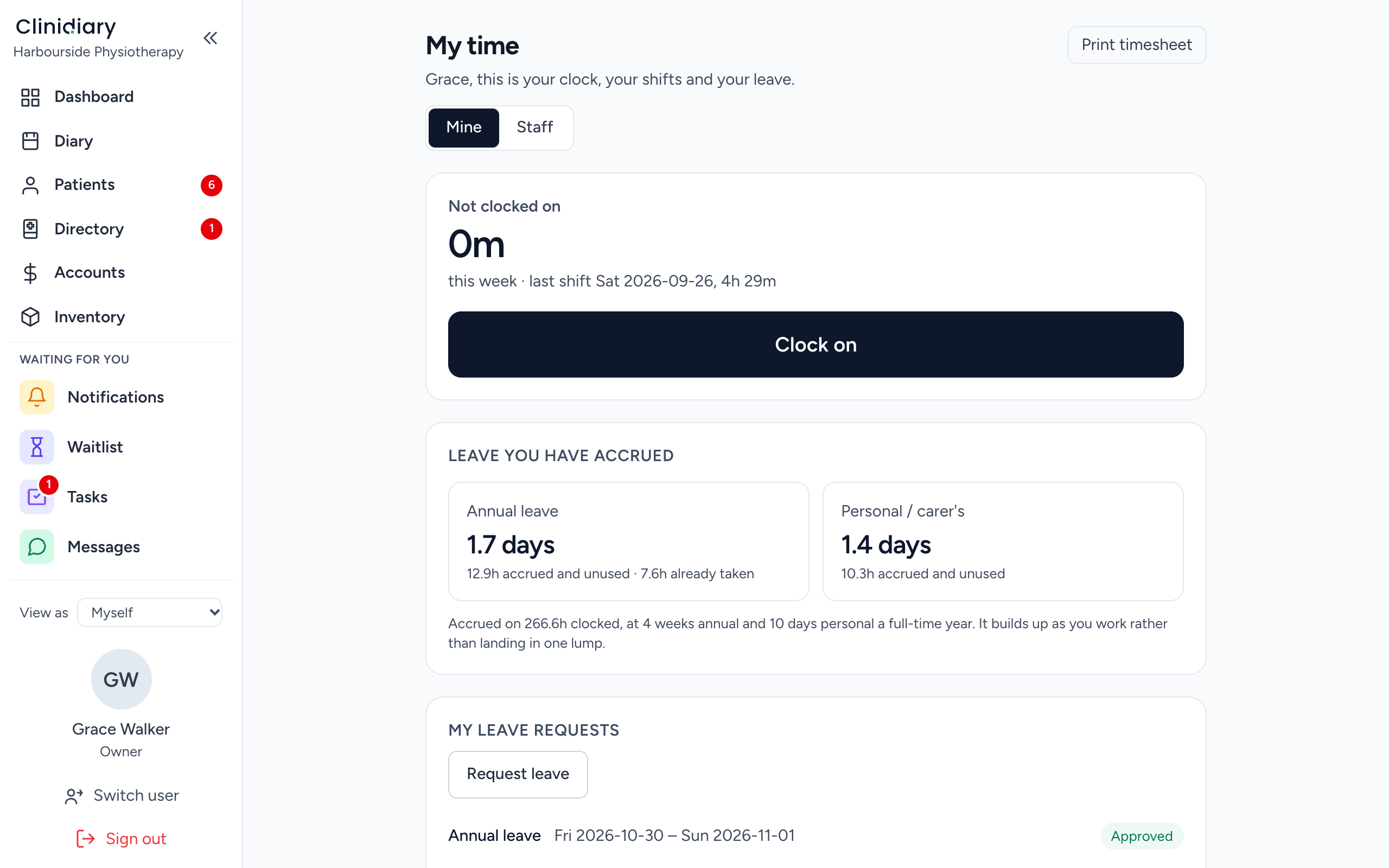 My time: clocking on, leave and the timesheet in one screen